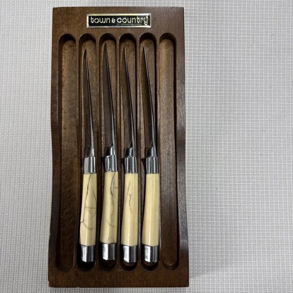 Set of 4 Vintage Briddell Steak Knifes Cream Handle MCM Kitchen w/ knife caddy